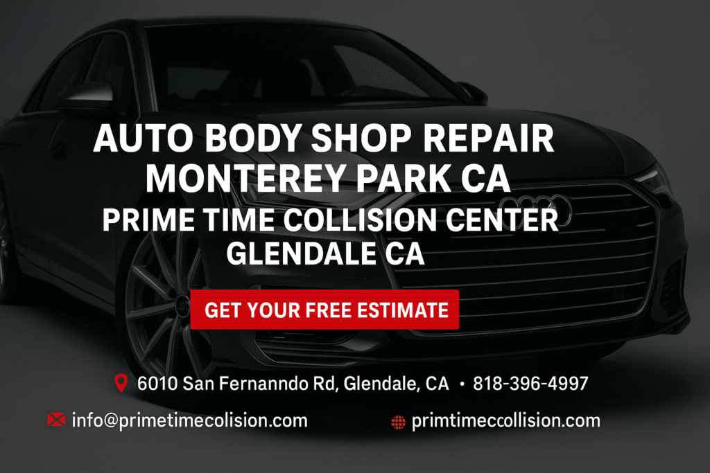 Auto body shop repair advertisement featuring a sleek black car, Prime Time Collision Center logo, and contact information for services in Monterey Park, CA.