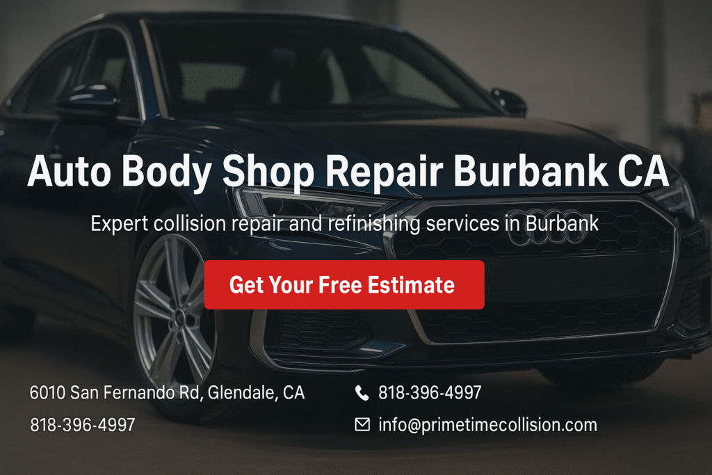 Auto body shop advertisement featuring a sleek black vehicle, highlighting expert collision repair and refinishing services in Burbank, California, with contact information and a call-to-action for a free estimate.
