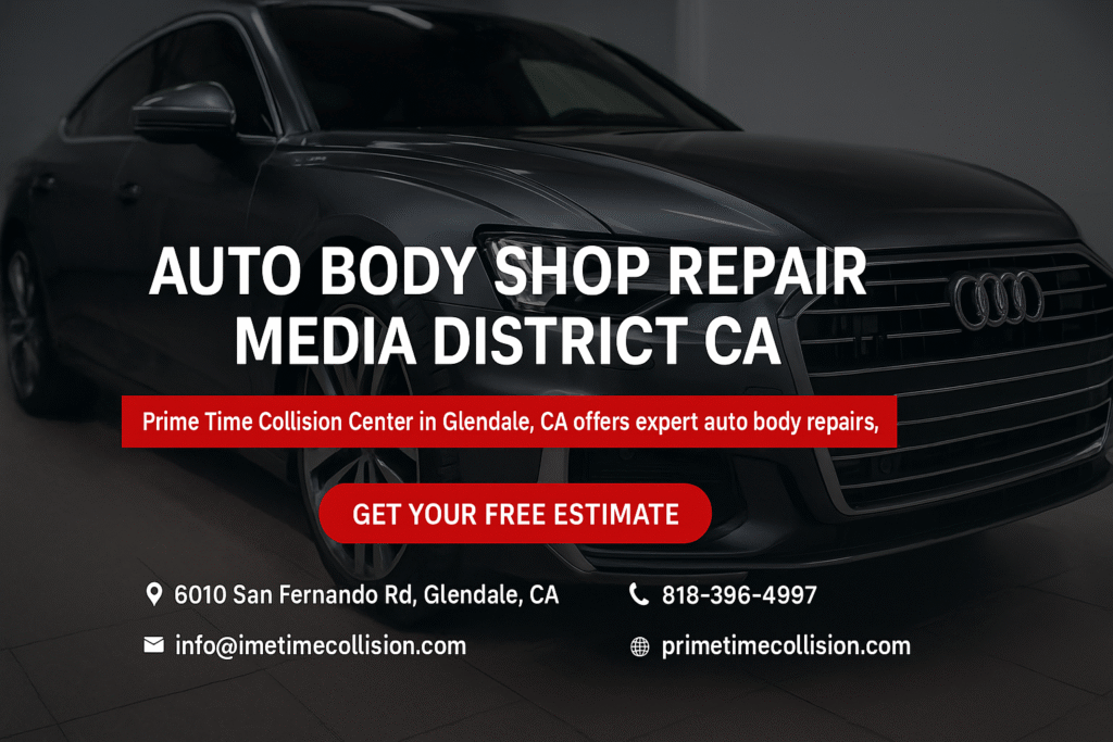 Auto body shop repair advertisement featuring a sleek black Audi vehicle, highlighting Prime Time Collision Center in Media District, Glendale, CA, with contact information and a call to action for free estimates.