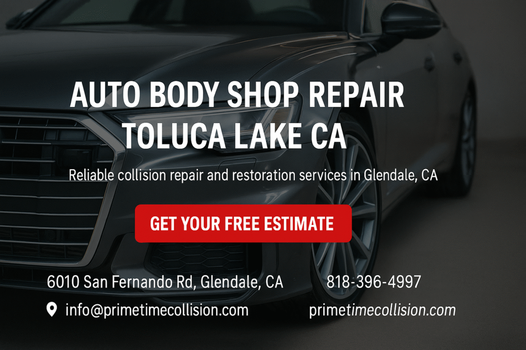 Auto body shop repair advertisement featuring a sleek car, with text highlighting services in Toluca Lake, CA, and contact information for Prime Time Collision Center.