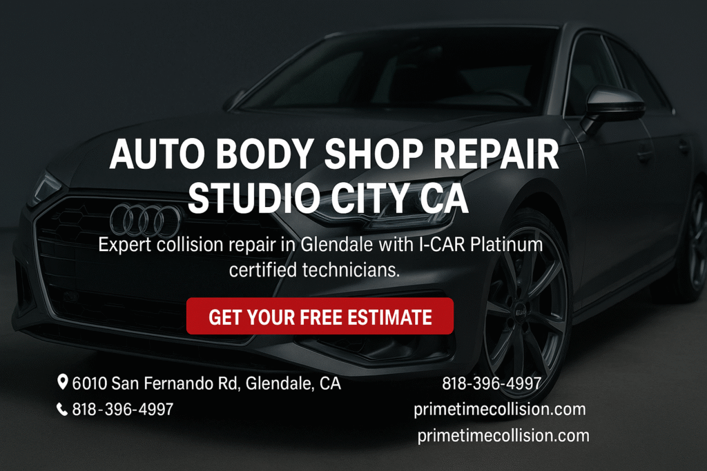 Auto body shop repair advertisement featuring an Audi vehicle, highlighting expert collision repair services in Studio City, CA, with contact information and a call to action for a free estimate.