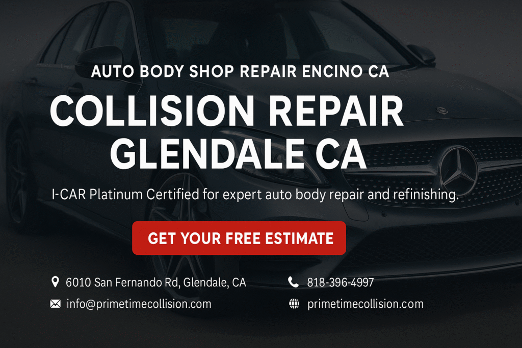 Auto body shop repair advertisement featuring a Mercedes vehicle, highlighting collision repair services in Glendale, CA, with I-CAR Platinum certification and a call to action for a free estimate.