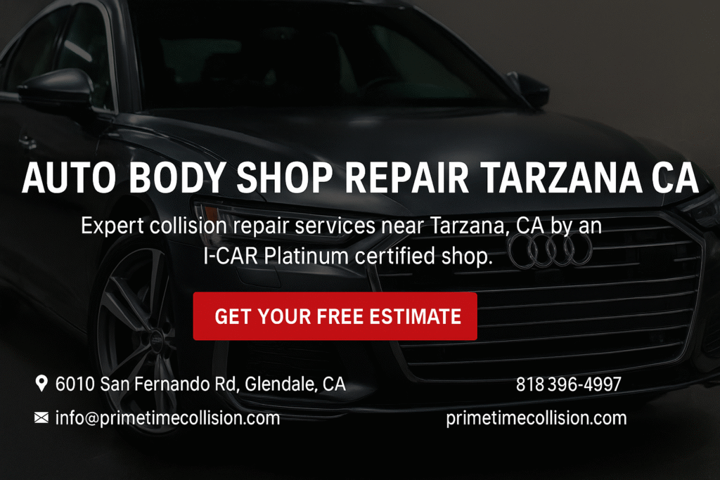 Auto body shop advertisement featuring a black Audi vehicle, highlighting expert collision repair services near Tarzana, CA, with I-CAR Platinum certification and contact information.