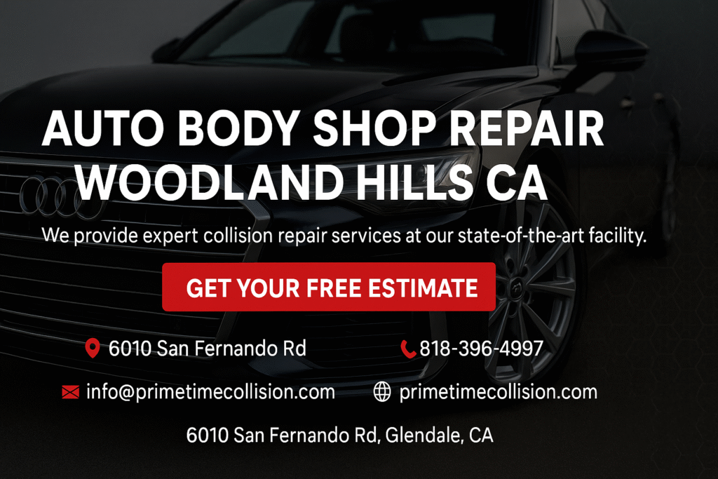 Auto body shop advertisement featuring a sleek black car, promoting expert collision repair services in Woodland Hills, CA, with contact information and a call to action for a free estimate.