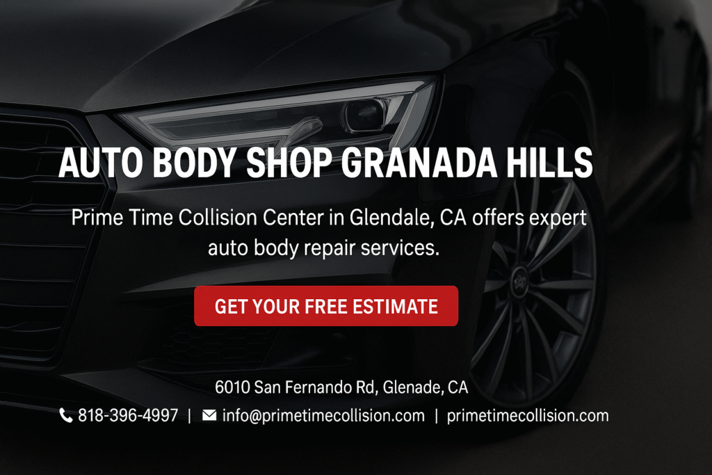 Auto body shop advertisement featuring Prime Time Collision Center in Glendale, CA, with a black vehicle and contact information for expert repair services.