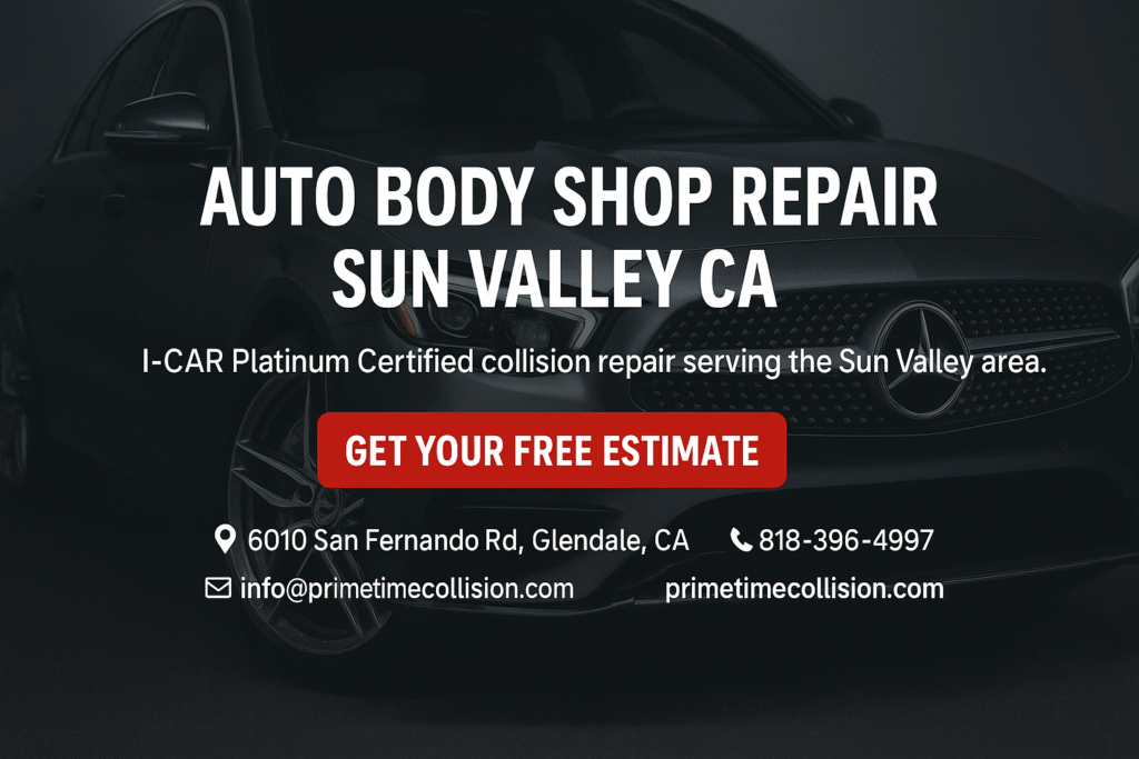 Auto body shop repair advertisement for Sun Valley, CA, featuring a luxury car, I-CAR Platinum Certified logo, contact information, and a call-to-action for a free estimate.