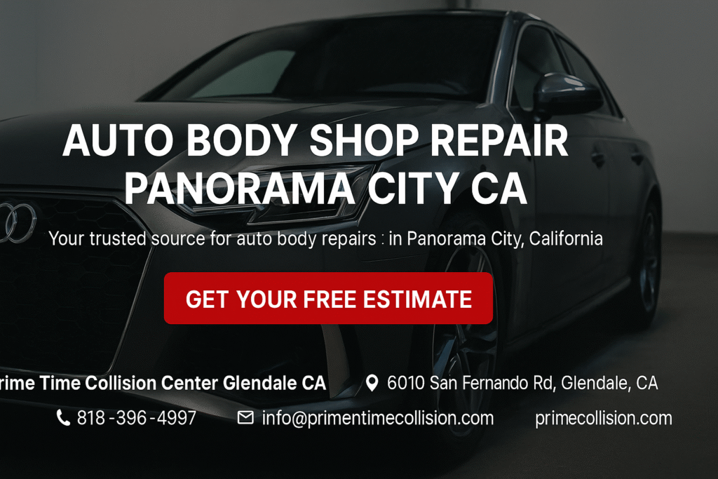 Auto body shop repair advertisement featuring a sleek black car, highlighting services in Panorama City, California, with contact information and a call to action for free estimates.