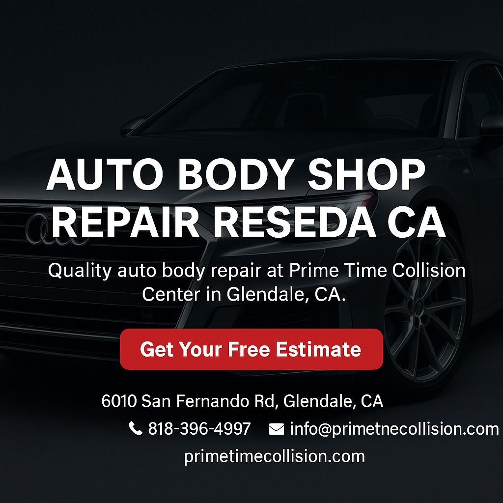 Auto body shop repair advertisement for Reseda, CA, featuring an Audi vehicle, emphasizing quality services at Prime Time Collision Center in Glendale, CA, with contact information and a call to action for free estimates.