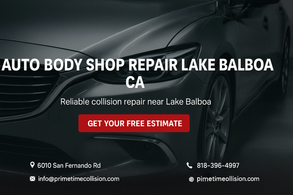Auto body shop repair advertisement featuring a sleek vehicle, emphasizing reliable collision repair services near Lake Balboa, with contact information and a call to action for a free estimate.
