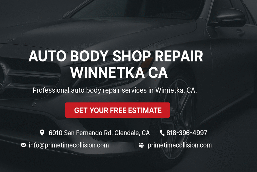 Auto body shop repair advertisement featuring a sleek vehicle, services in Winnetka, CA, contact information, and a call-to-action for a free estimate.