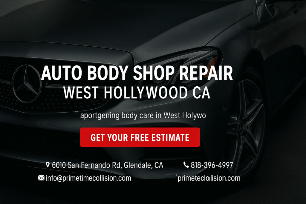 Auto body shop repair advertisement featuring a sleek black car, Mercedes-Benz logo, and bold text stating "AUTO BODY SHOP REPAIR WEST HOLLYWOOD CA," with a call-to-action button "GET YOUR FREE ESTIMATE."