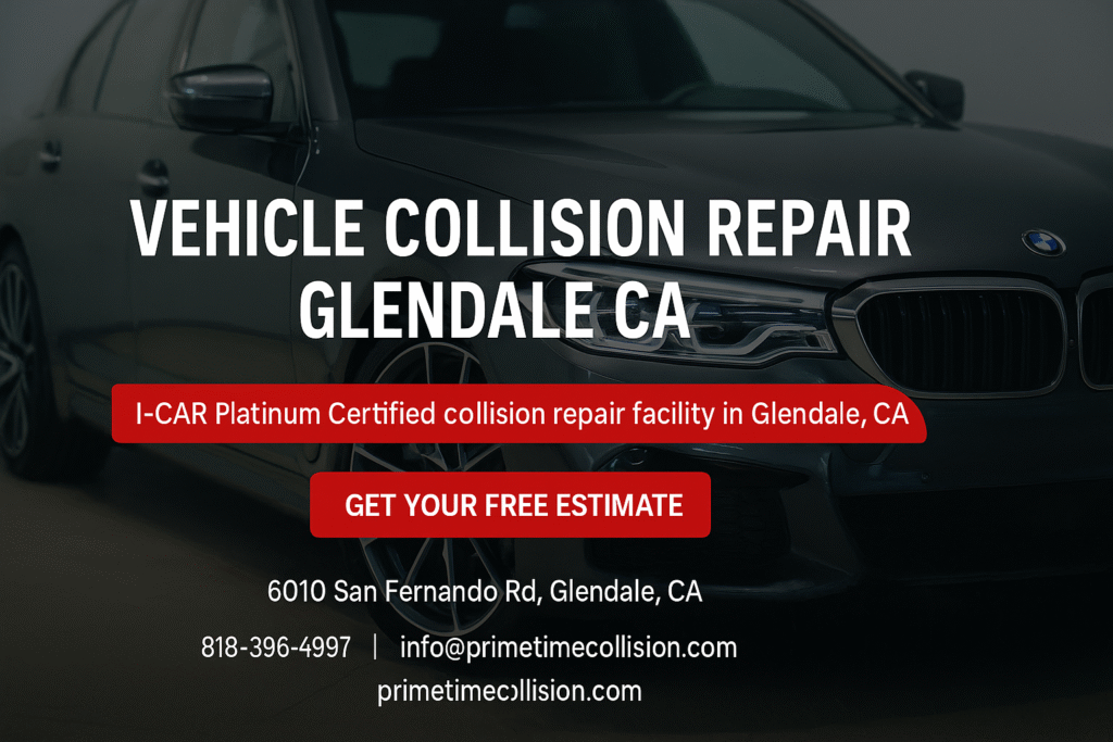 Vehicle collision repair advertisement featuring a BMW with text highlighting I-CAR Platinum Certified services in Glendale, CA, and a call to action for a free estimate.