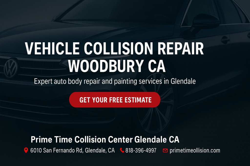Vehicle collision repair advertisement featuring a Volkswagen car, highlighting expert auto body repair and painting services in Woodbury, CA, with contact information for Prime Time Collision Center.