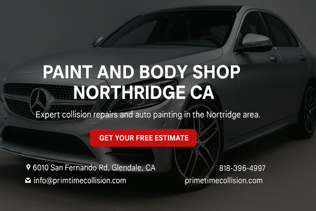 Paint and body shop advertisement featuring a sleek silver car, highlighting expert collision repairs and auto painting services in Northridge, CA.