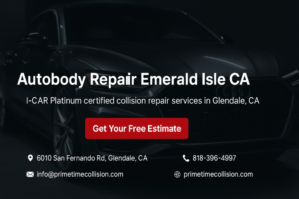 Autobody repair advertisement featuring a sleek vehicle, emphasizing I-CAR Platinum certified collision repair services in Glendale, CA, with contact details and a call to action for a free estimate.