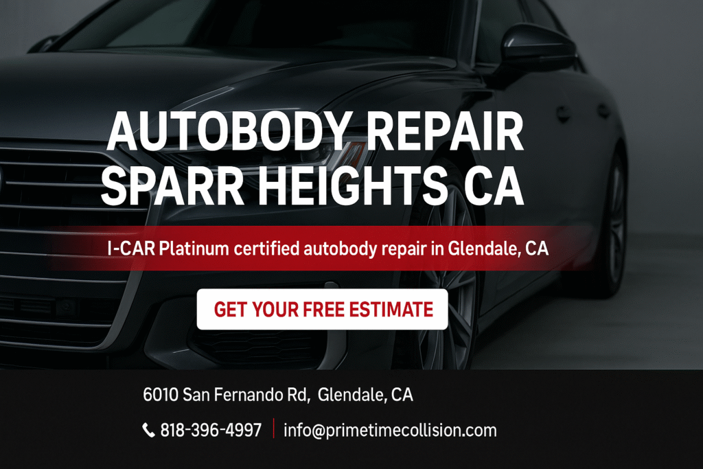 Autobody repair advertisement featuring a sleek black car with bold text highlighting "Autobody Repair Sparr Heights CA" and "I-CAR Platinum certified autobody repair in Glendale, CA," along with contact information and a call to action for a free estimate.