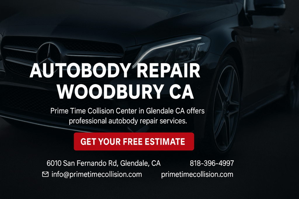 Autobody repair advertisement featuring a sleek black car, highlighting Prime Time Collision Center's services in Woodbury, CA, with contact information and a call to action for a free estimate.