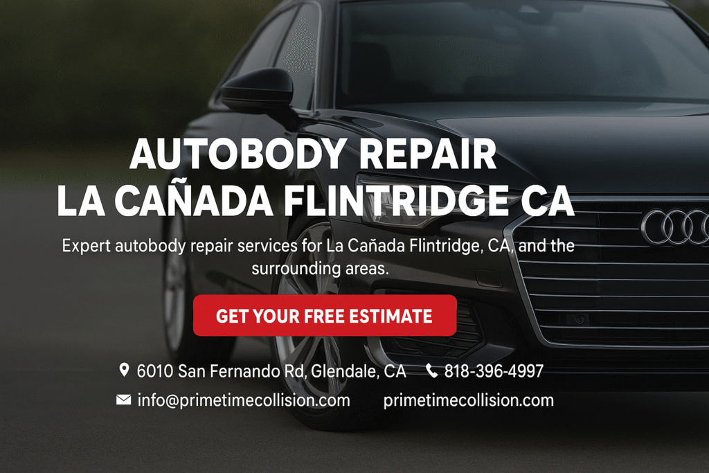 Autobody repair services advertisement for La Ca&ntilde;ada Flintridge, CA, featuring a black car and a call-to-action button for free estimates.