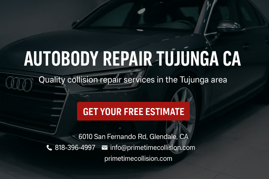 Autobody repair advertisement featuring a sleek Audi vehicle, emphasizing quality collision repair services in Tujunga, CA, with contact information and a call to action for a free estimate.