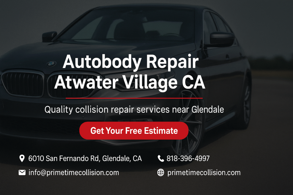 Autobody repair advertisement featuring a BMW vehicle, highlighting services in Atwater Village CA, with contact information and a call to action for a free estimate.