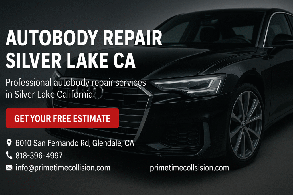 Autobody repair services in Silver Lake, California, featuring a sleek black car with a prominent grille and headlights, alongside contact information and a call-to-action for free estimates.