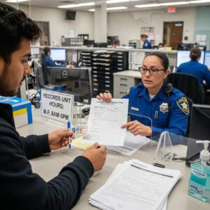 A person requesting a car accident report at the Glendale police department, illustrating the report acquisition process