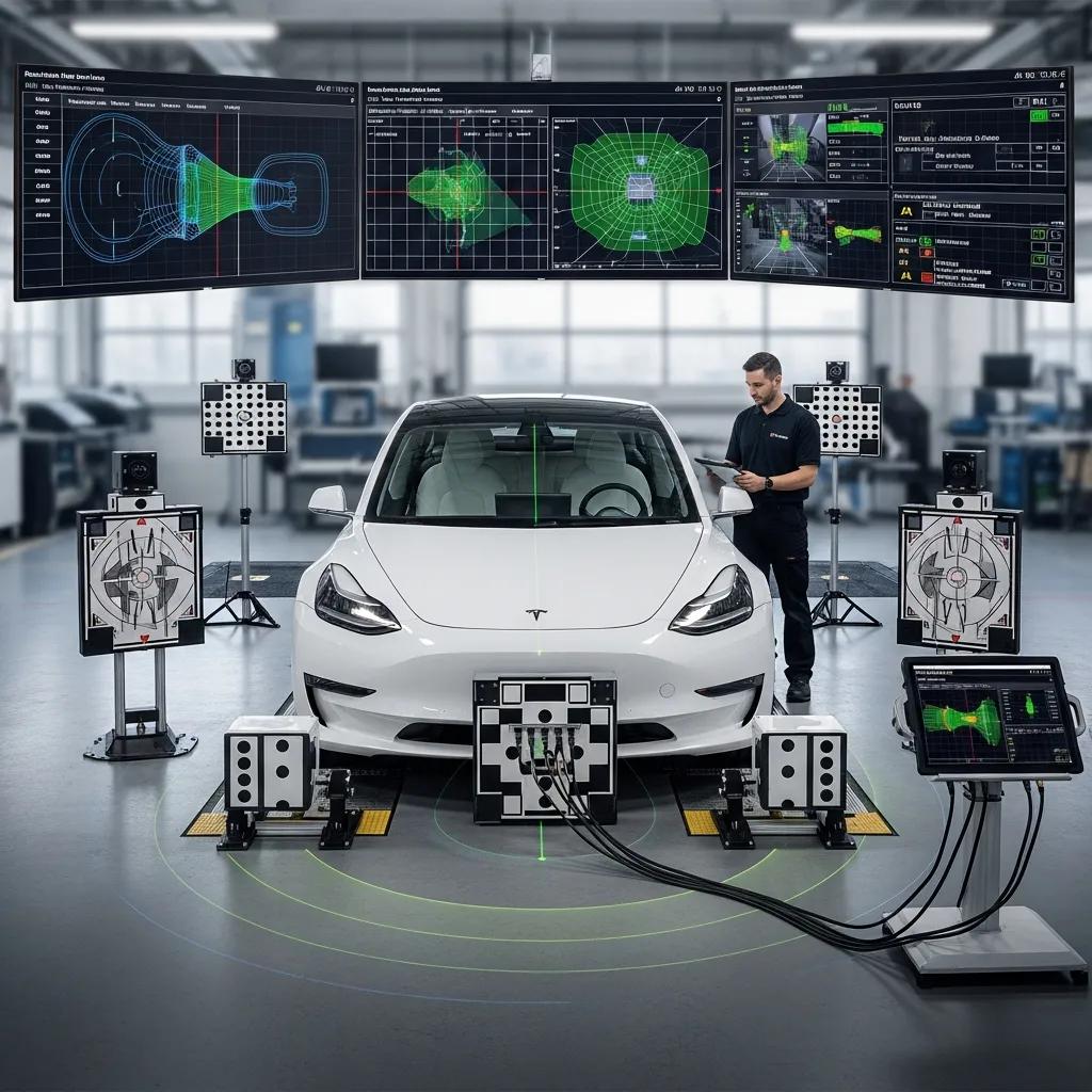 Tesla Model 3 undergoing ADAS calibration with diagnostic equipment, technician using OEM procedures in a collision repair shop.