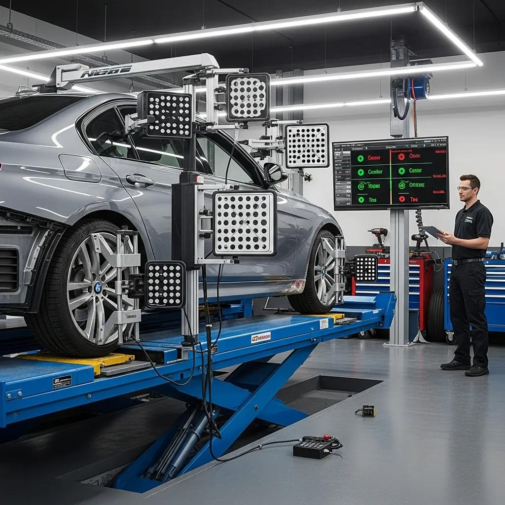 Advanced wheel alignment equipment in an auto repair shop, featuring sensor-based measurement systems and a technician monitoring vehicle alignment on a digital display, illustrating precise vehicle alignment technology.