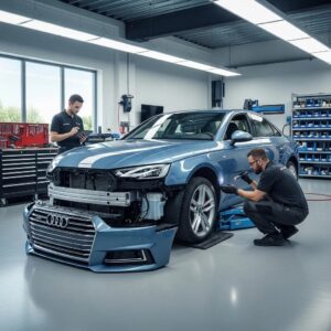 Audi A4 in a collision repair shop with technicians working on the vehicle