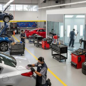 Auto body repair shop in Glendale, CA with technicians working on vehicles