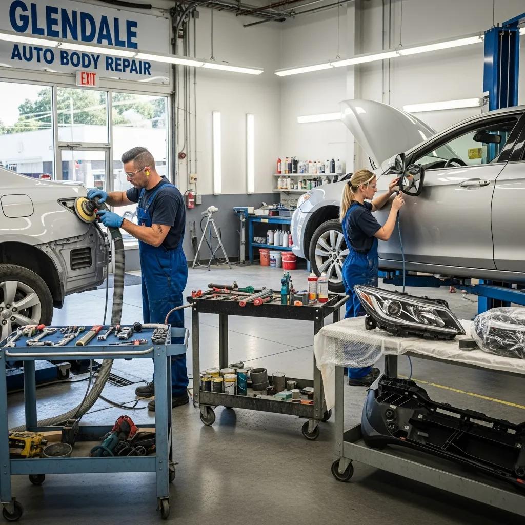 Auto body repair shop in Glendale with technicians working on a vehicle
