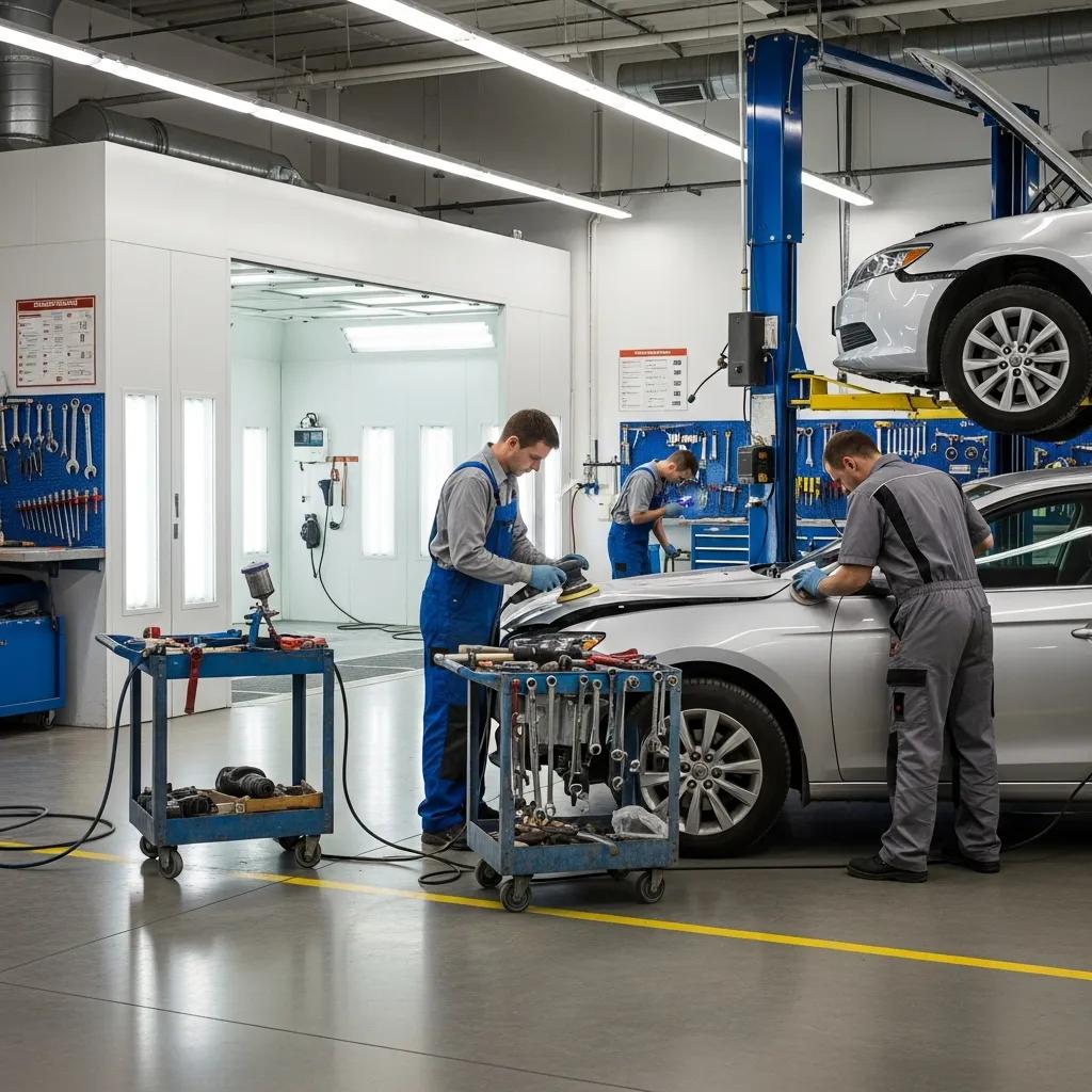 Auto body repair technicians working on luxury vehicles in a modern auto body shop, showcasing the collision repair process with tools and equipment.