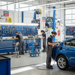 Auto body repair shop with technicians working on a vehicle, showcasing a professional and safety-driven environment