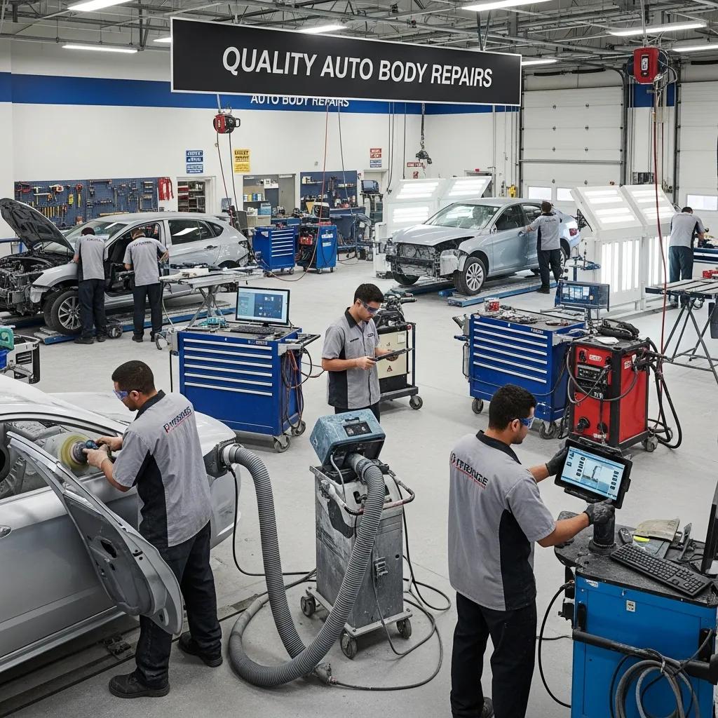 Auto body repair shop with technicians working on vehicles, emphasizing quality and professionalism