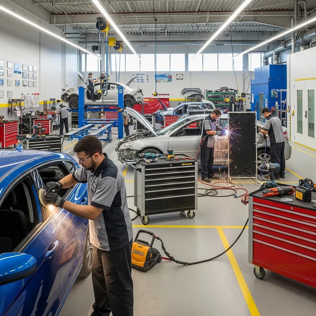 Auto body repair shop with technicians working on vehicles, emphasizing quality collision repairs