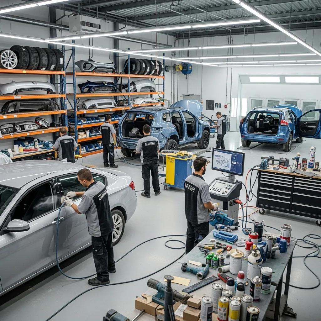 Auto body repair shop with technicians working on luxury vehicles, showcasing professionalism and expertise in repair services, tools, and equipment in a clean, organized environment.