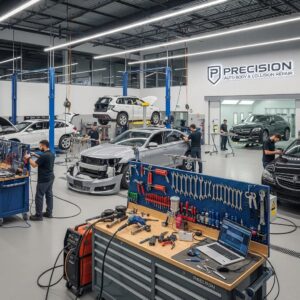Auto body repair shop with technicians working on vehicles, showcasing professionalism and expertise in collision repair