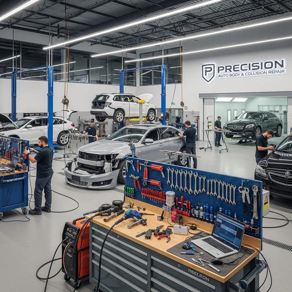 Auto body repair shop with technicians working on vehicles, showcasing professionalism and expertise in collision repair