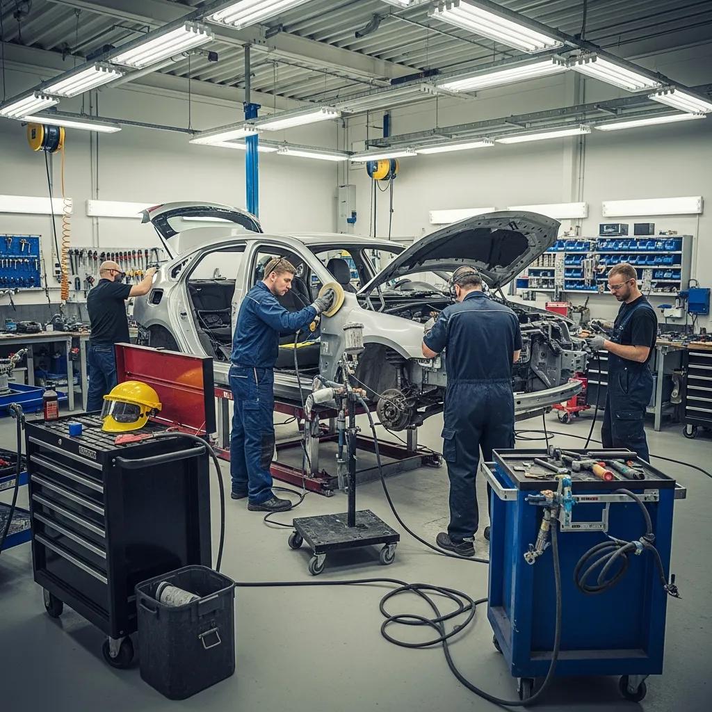 Auto body repair technicians working on a vehicle in a professional shop environment