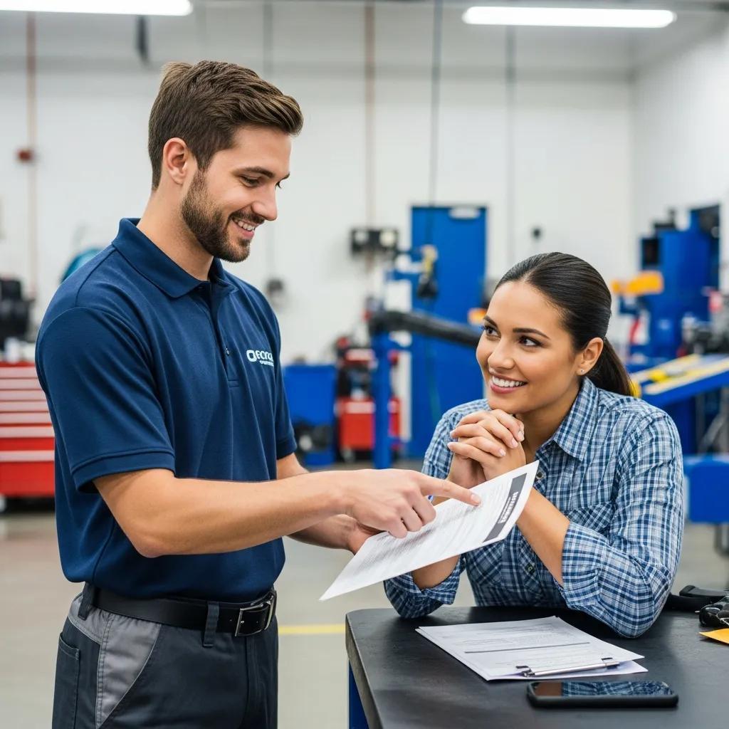Auto body shop employee assisting a customer with insurance claim paperwork in a professional setting, emphasizing customer support and service quality at Prime Time Collision Center.