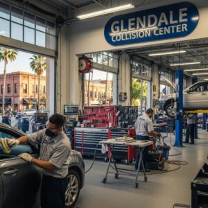 Auto body shop in Downtown Glendale with technicians repairing vehicles, emphasizing collision repair services