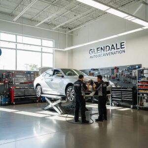 Auto body shop in Glendale with technicians repairing vehicles, showcasing professionalism and trust