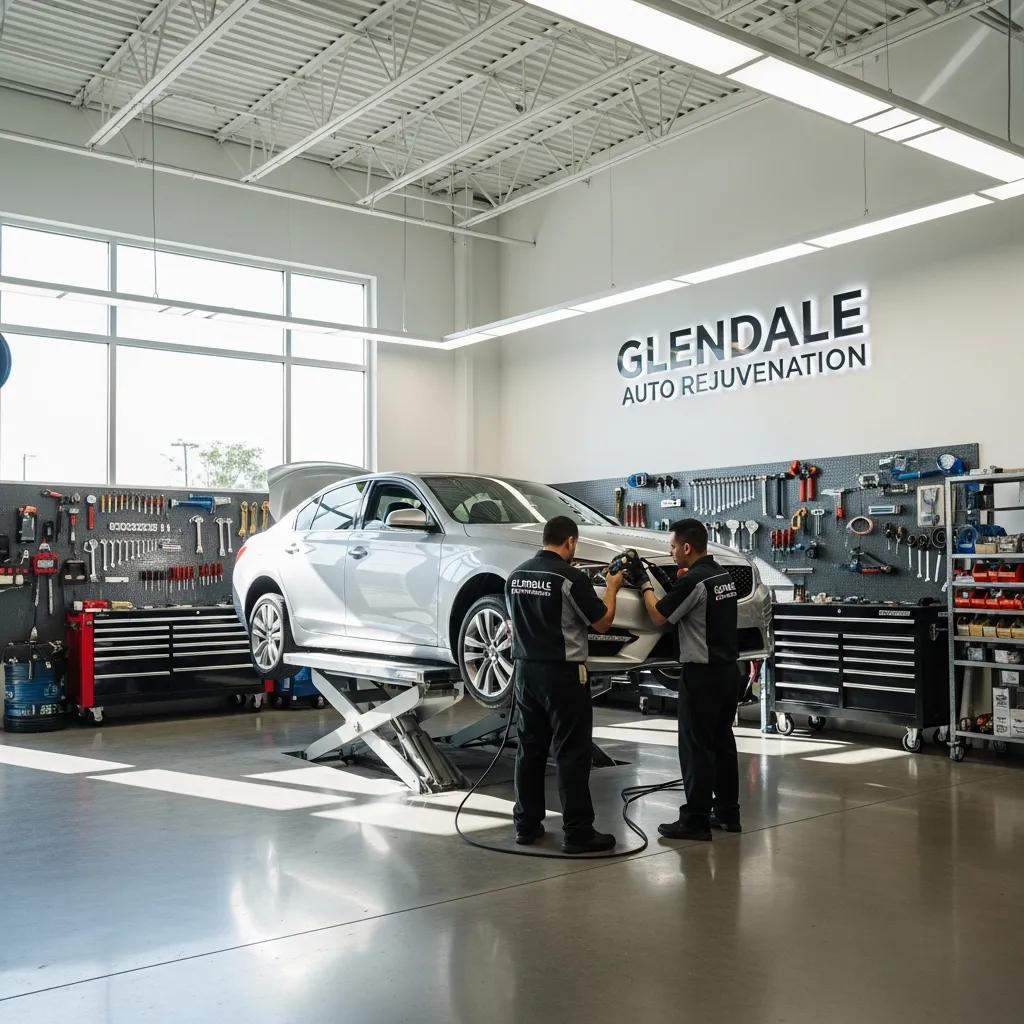 Auto body shop in Glendale with technicians repairing vehicles, showcasing professionalism and trust