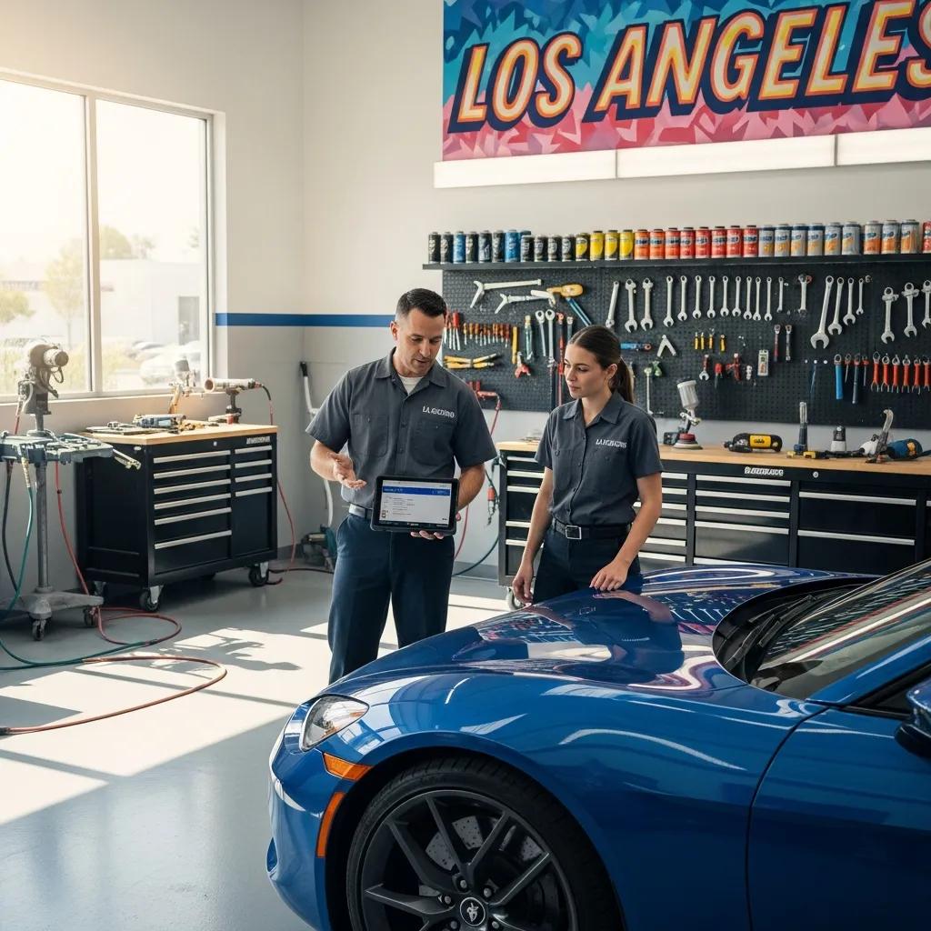 Auto body shop technicians assessing vehicle damage in Los Angeles