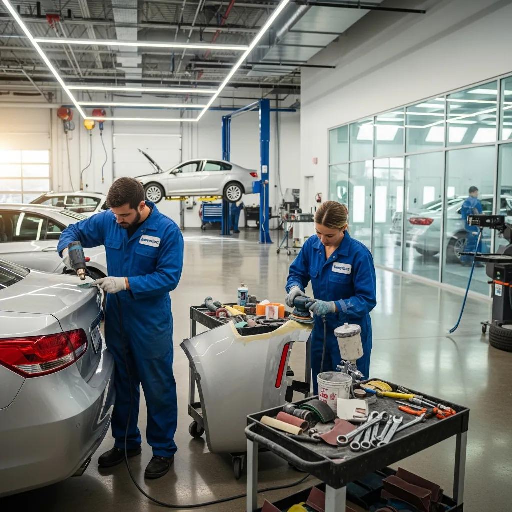 Auto body shop technicians repairing a car bumper, showcasing quality bumper repair services in a modern workshop environment.