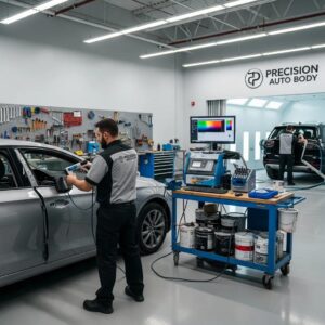 Auto body shop technicians using advanced tools for precise auto paint color matching