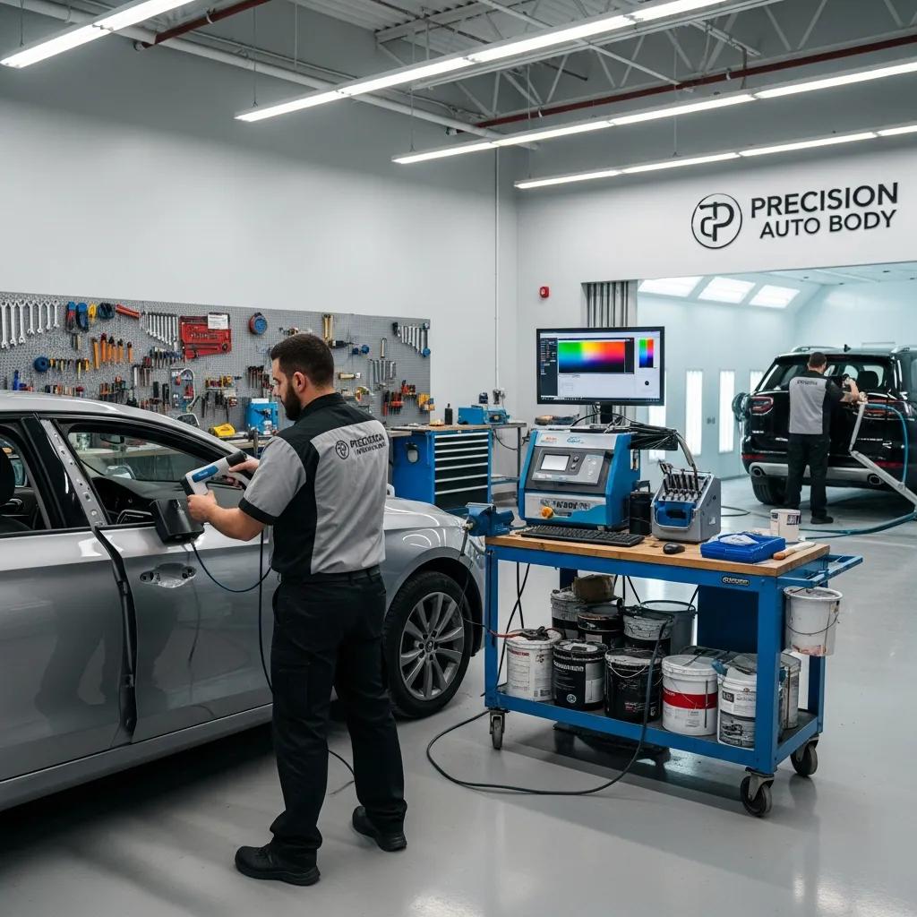 Auto body shop technicians using advanced tools for precise auto paint color matching
