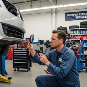 Auto repair technician inspecting a car bumper in a garage, highlighting professional bumper repair services