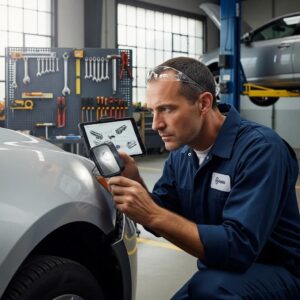 Auto repair technician inspecting vehicle damage in a professional collision repair shop