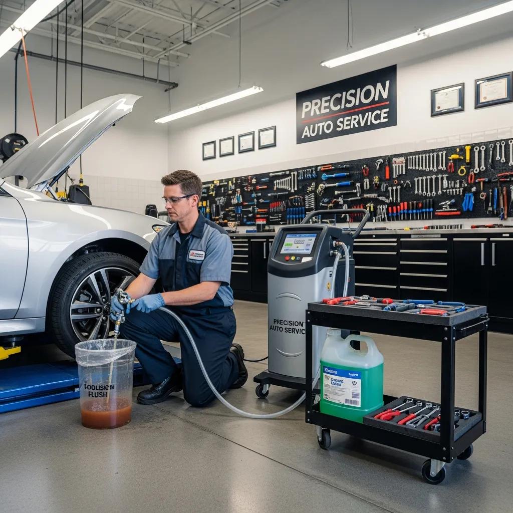 Prime Time technician performing a professional coolant flush in our service bay